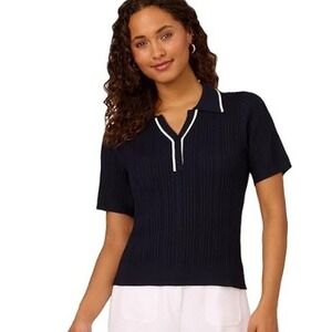 Adrianna Papell Navy Ribbed Knit Polo Shirt White Trim Short Sleeve Womens Small
